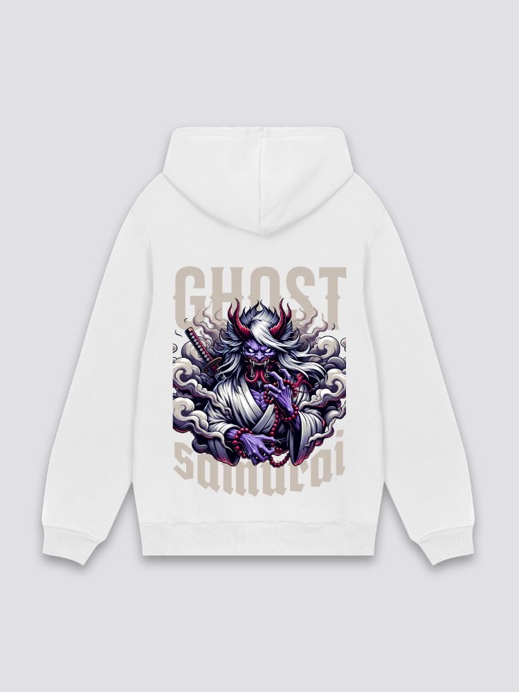 Kapuzenpullover im japanischen Stil in Weiß, japanischer Streetwear-Hoodie mit Yurei-Geister-Samurai