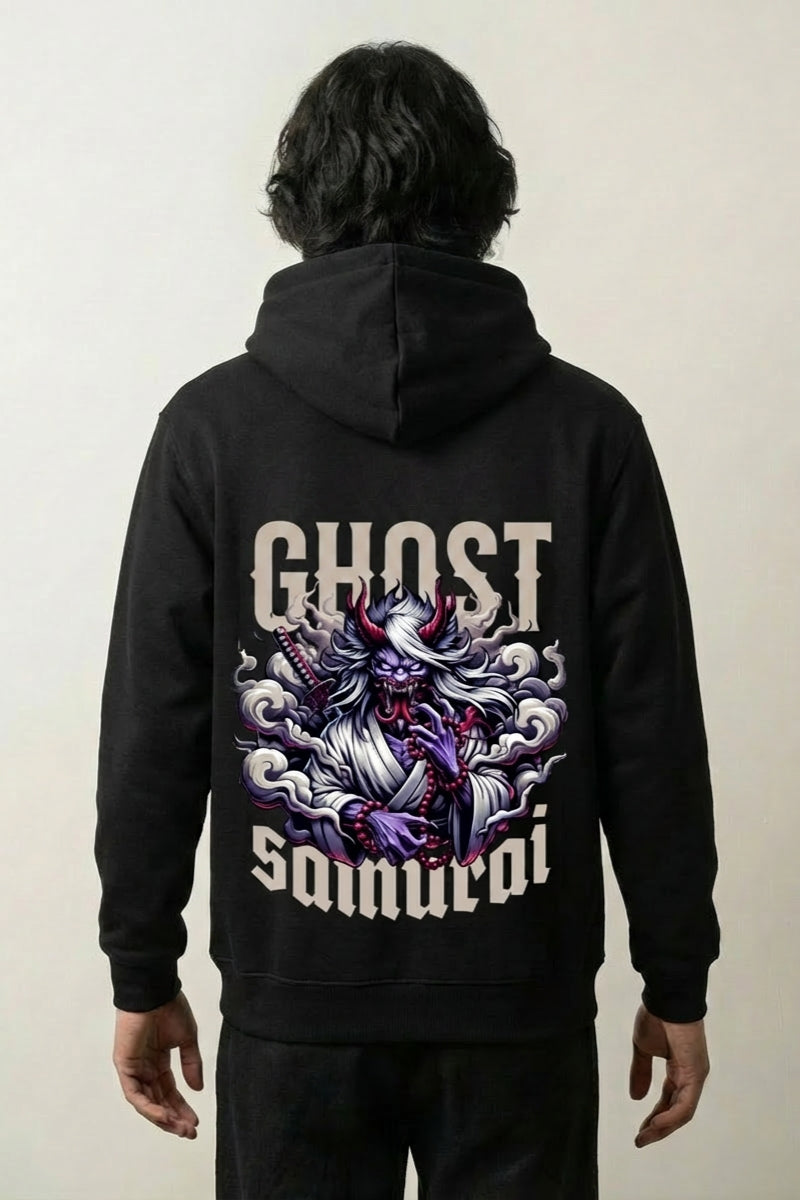 Kapuzenpullover im japanischen Stil mit Yurei-Geister-Samurai, Rückenansicht des oversize Streetwear-Hoodies