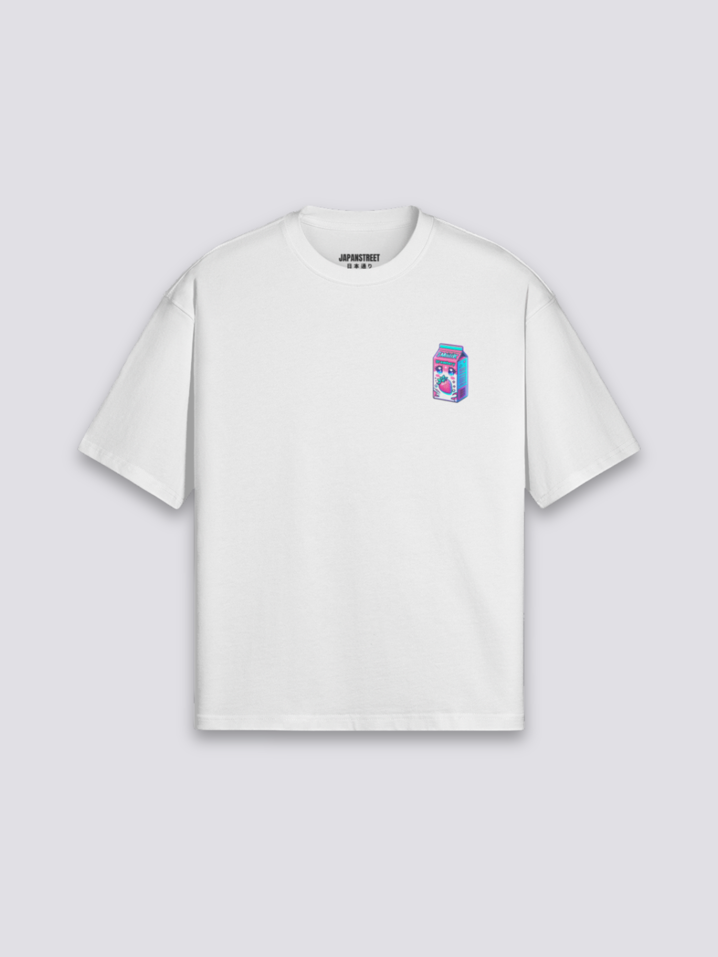 Kawaii T-Shirt mit Erdbeermilch-Päckchen im Berry-Stil, niedlicher Harajuku-Druck, oversize, Gesamtansicht getragen