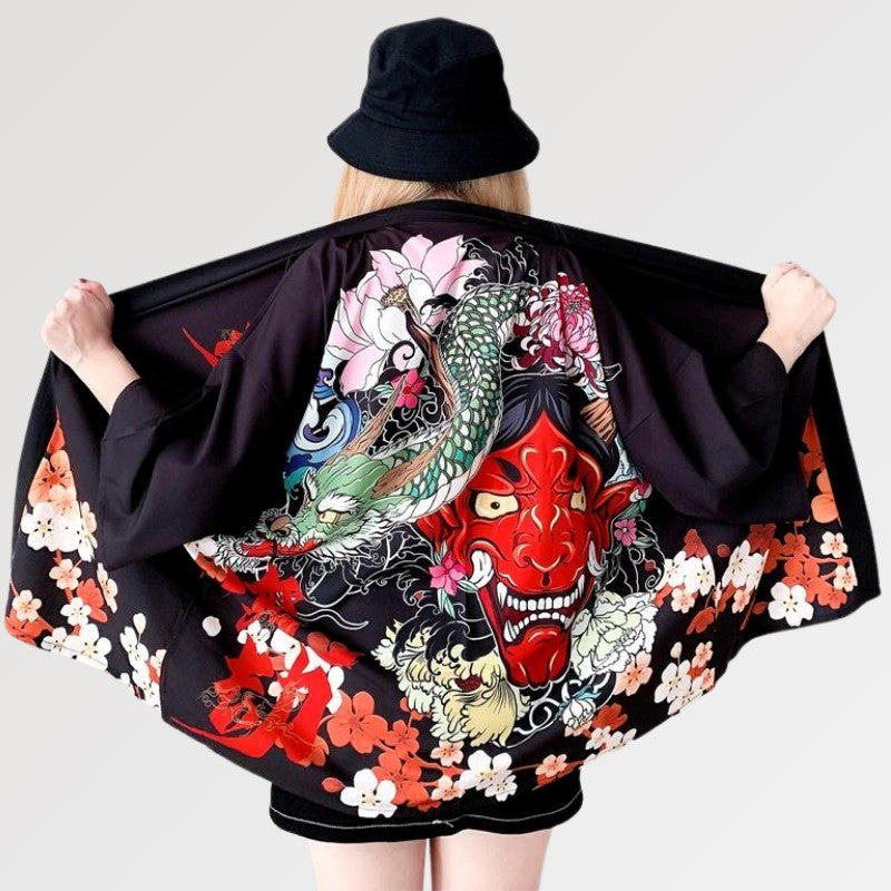 Kimono-Strickjacke für Frauen 'Oni' – mit Obi: detailreicher Kimono im japanischen Stil
