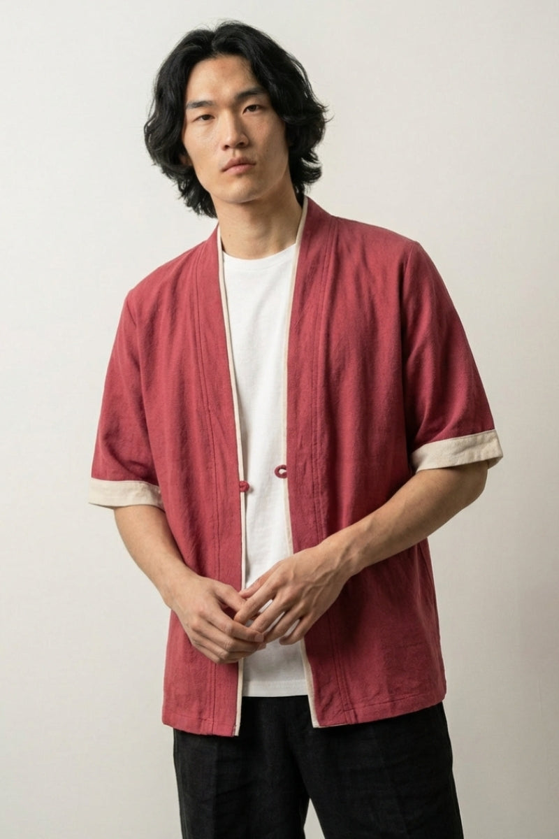 Herren-Kimono-Jacke Red Hideki bordeauxrot, Baumwolle Leinen, japanisches Haori Statement Vorderansicht