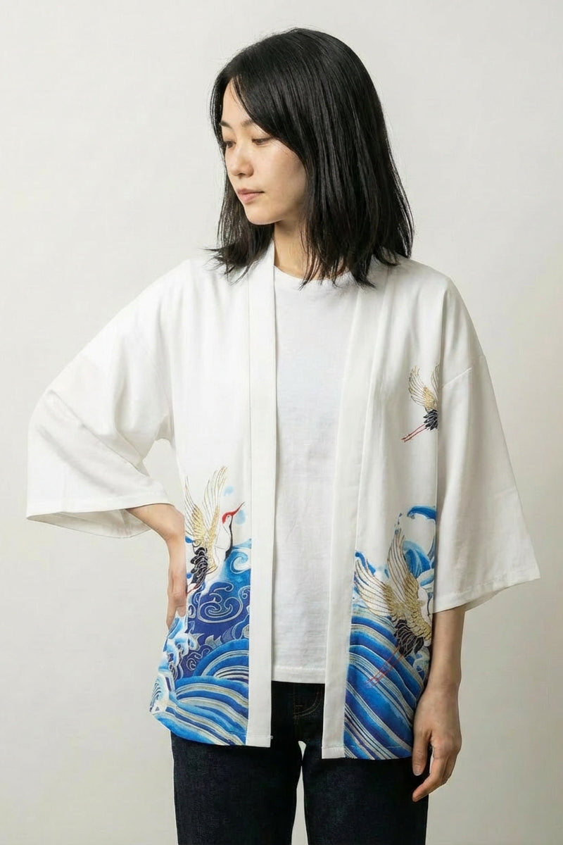 Kimono-Jacke für Damen 'Sanaé' – Damen Kimono-Jacke japanischer Haori mit Kranich über Welle, Vorderansicht