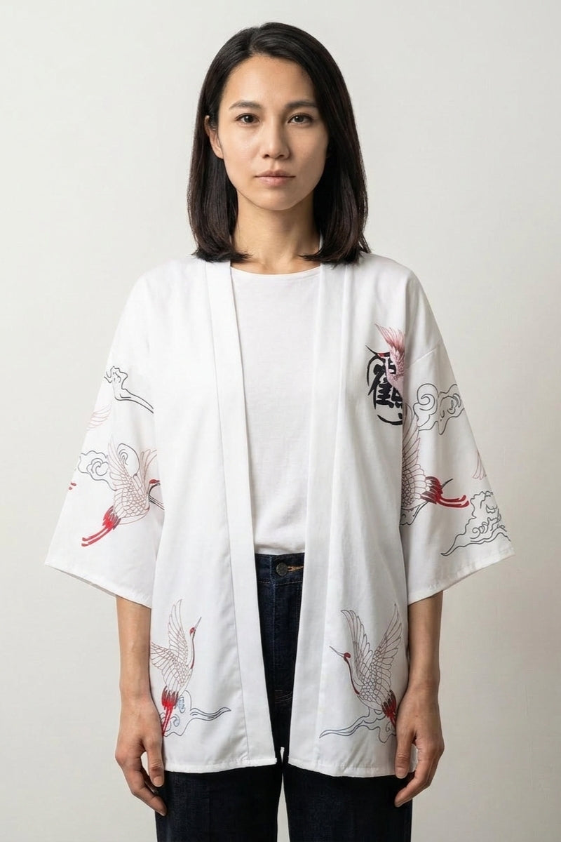 Kimono-Jacke für Frauen 'Haruko', Rückansicht offen getragen – Damen Kimono-Jacke japanischer Haori mit Kranich-Druck mit Kanji