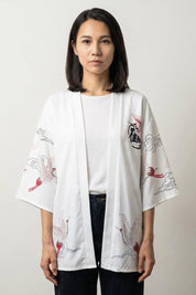 Kimono-Jacke für Frauen 'Haruko', Rückansicht offen getragen – Damen Kimono-Jacke japanischer Haori mit Kranich-Druck mit Kanji