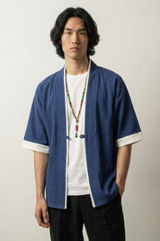 Herren-Kimono-Jacke Blue Hideki indigoblau, Baumwolle Leinen, japanischer Noragi Streetwear Vorderansicht