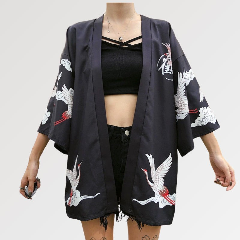 Kimono-Jacke für Frauen 'Haruko' – Nahaufnahme Kimono mit japanischem Motiv