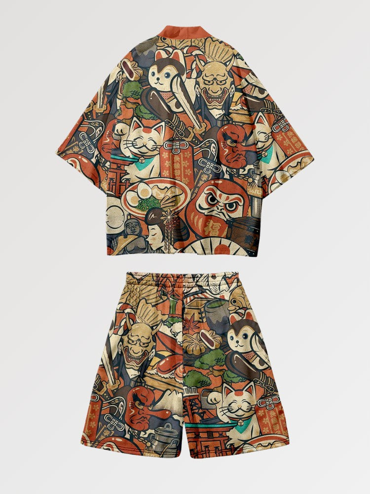 Kimono-Set 'Daruma x Neko' – Kimono im traditionellen japanischen Stil für Herren und Damen