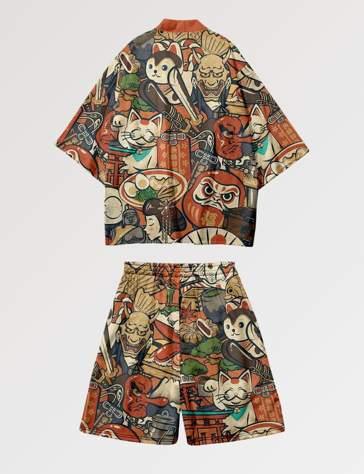 Kimono-Set 'Daruma x Neko' – Kimono im traditionellen japanischen Stil für Herren und Damen