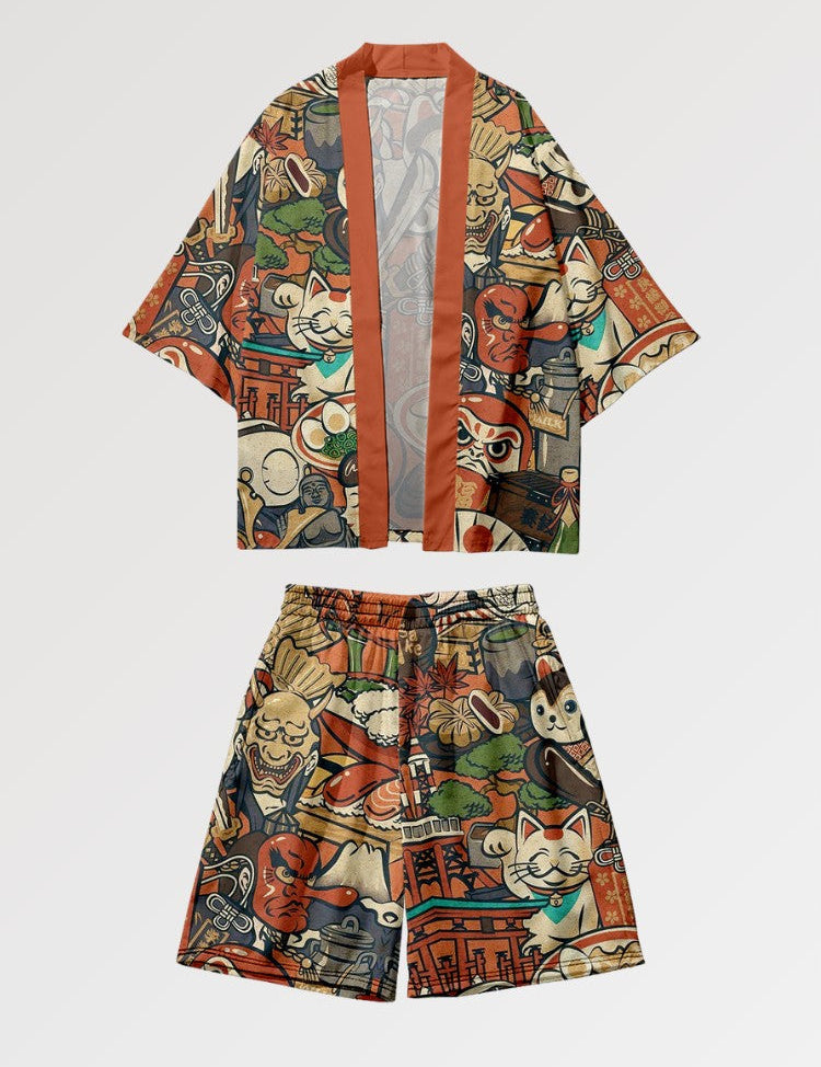 Kimono-Set 'Daruma x Neko' – japanisches Gewand, Kimono im japanischen Design