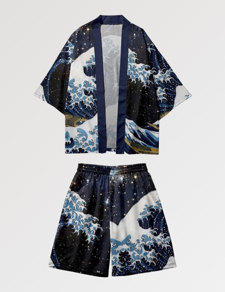 Kimono-Set 'Große Welle' – japanisches Gewand, Kimono im japanischen Design