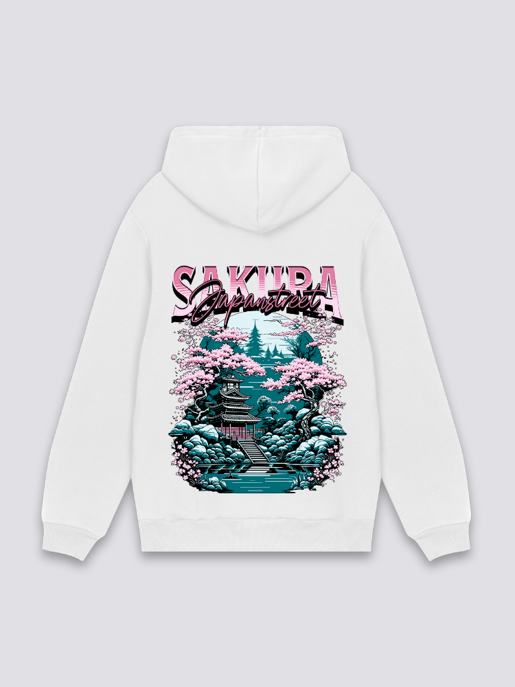 Kirschblüten-Hoodie in Weiß, japanischer Streetwear-Hoodie mit Sakura-Motiv und Pagode