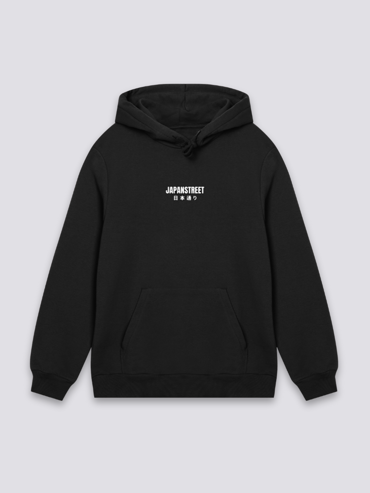 Kirschblüten-Hoodie, Detailansicht des Aufdrucks mit Sakura-Motiv und Pagode