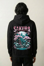 Kirschblüten-Hoodie mit Sakura-Motiv und Pagode, Rückenansicht des oversize Streetwear-Hoodies