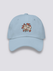 Kitsune-Cap – japanische Cap, gestickter mythologischer neunschwänziger Fuchs, Detailaufnahme der Stickerei