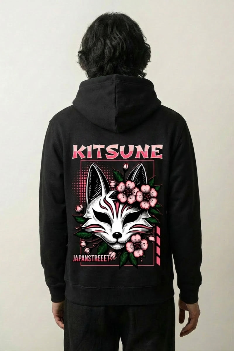 Kitsune-Hoodie mit Fuchsmasken-Motiv, Rückenansicht des oversize Streetwear-Hoodies