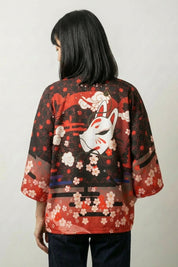 Kitsune-Kimono 'Hirokomi Yubesa', Rückansicht offen getragen – Damen Kimono-Jacke japanischer Haori mit Kirschblüten-Verlauf
