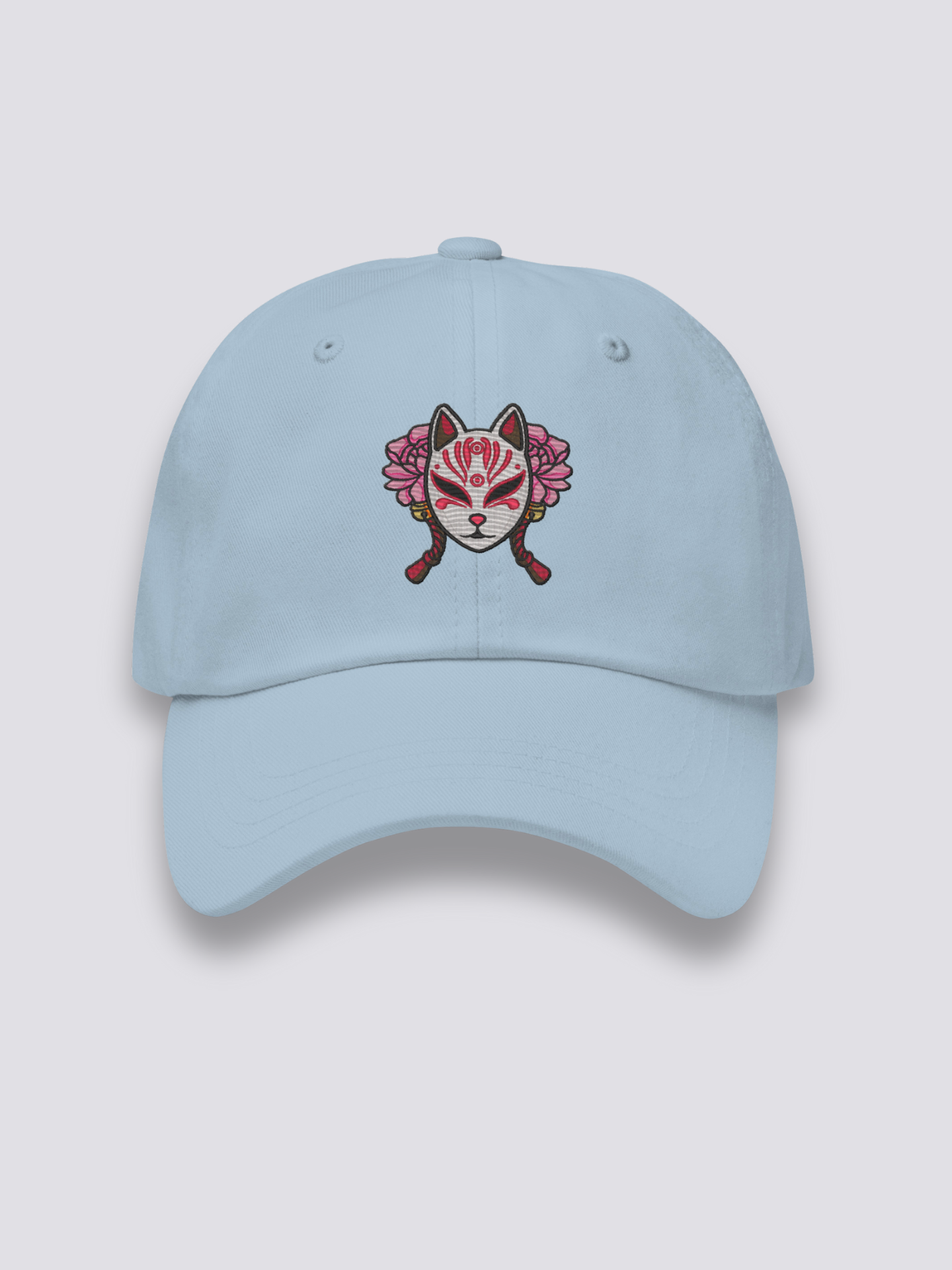 Kitsune-Maske-Cap – japanische Cap, gestickte Kitsune-Maske mit Pfingstrosen, Seitenansicht