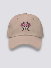 Kitsune-Maske-Cap – japanische Cap, gestickte Kitsune-Maske mit Pfingstrosen, Vorderansicht