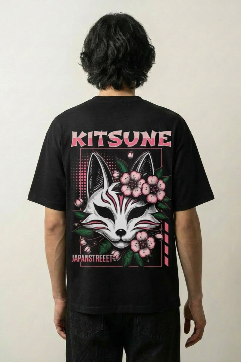 Kitsune T-Shirt mit Fuchsmaske und Kirschblüten, japanischer Inari-Druck, oversize Baumwolle, Vorderansicht