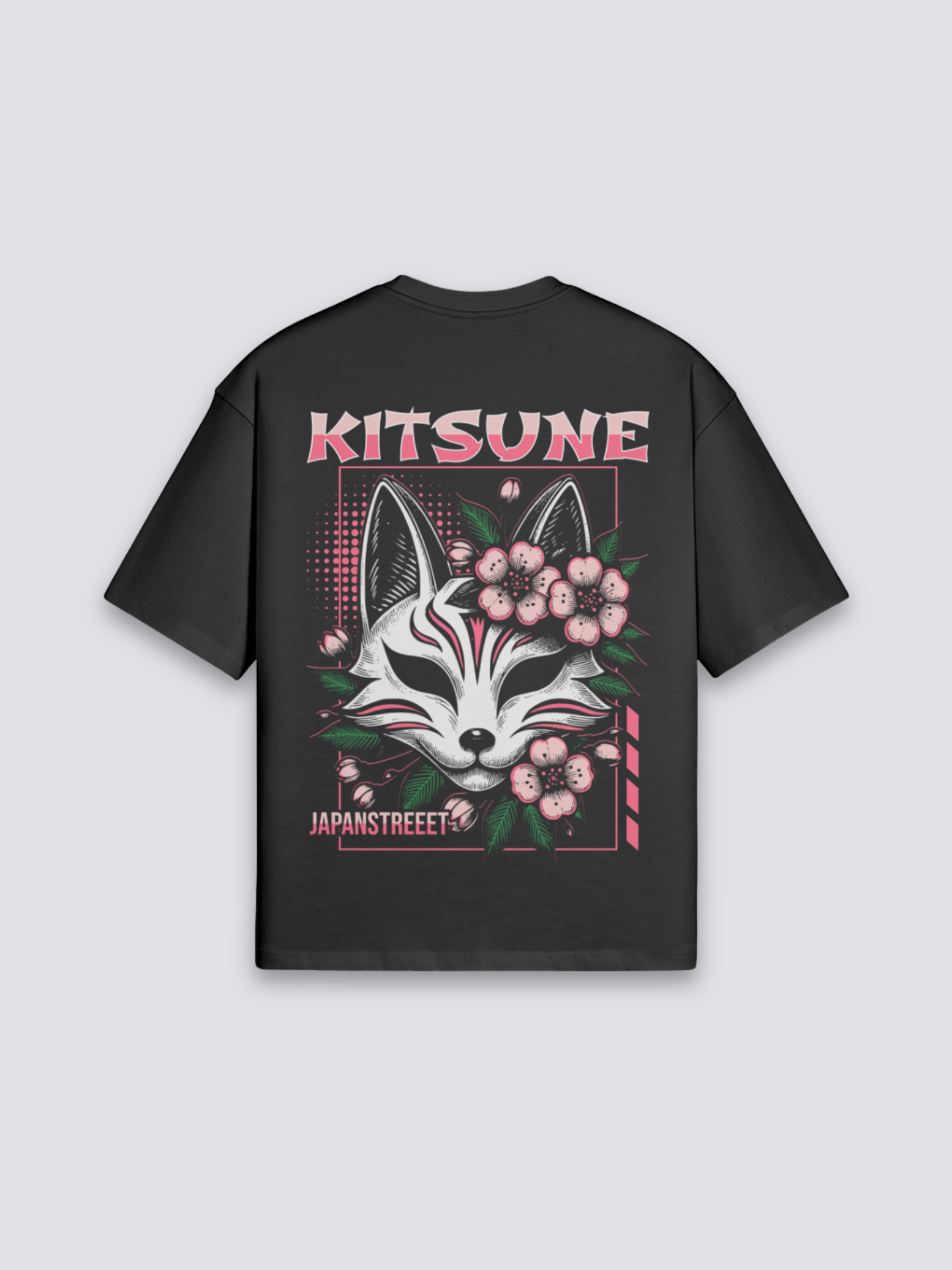 Kitsune T-Shirt mit Fuchsmaske und Kirschblüten, japanischer Inari-Druck, oversize Baumwolle, Rückenansicht mit Rückendruck