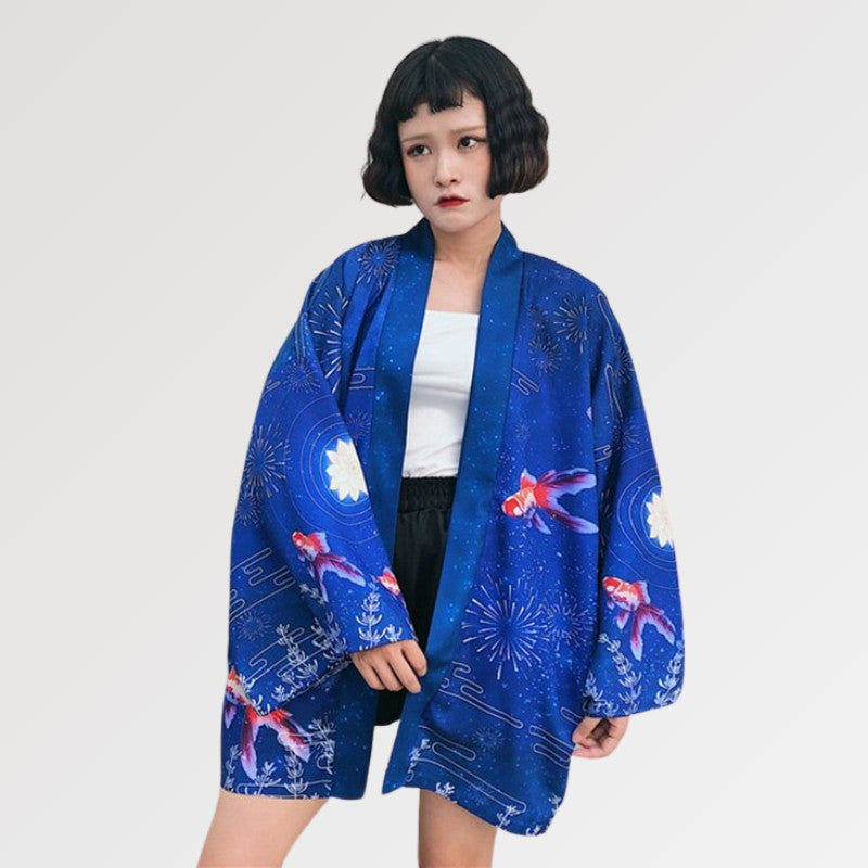 Koi Fisch Kimono 'King Ranchu x Lotus' – Detail: lange Ärmel, Kimono japanischen Stil