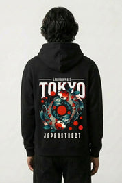 Koi-Karpfen-Hoodie mit aufspringender Koi und rote Sonne, Rückenansicht des oversize Streetwear-Hoodies