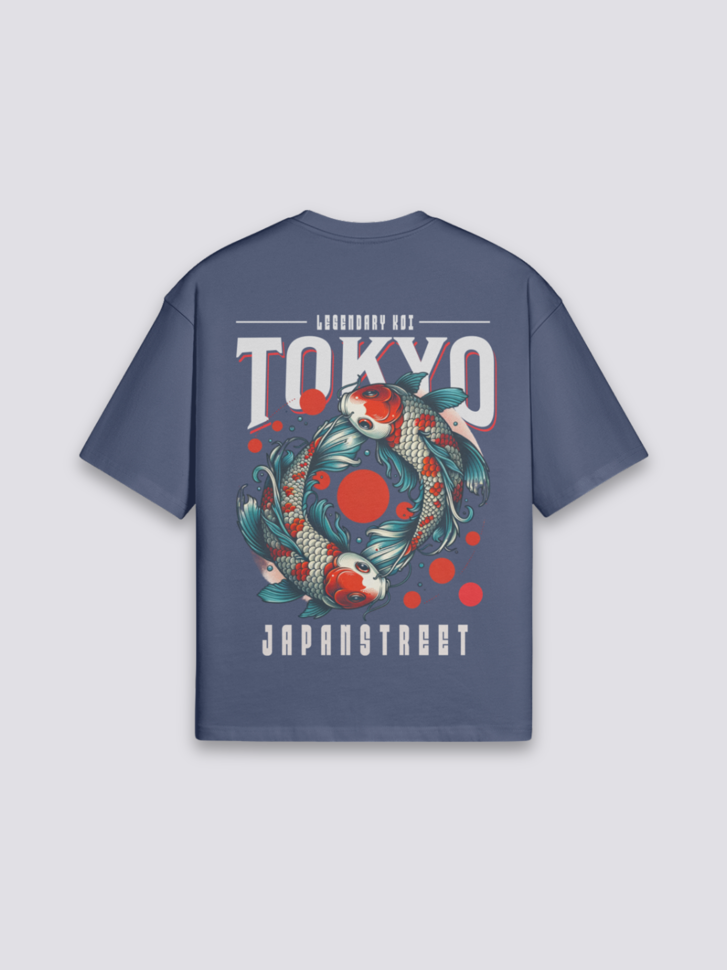 Koi-Karpfen-T-Shirt mit Karpfen unter roter Sonne, Tokyo-Schriftzug, oversize Baumwolle, seitliche Ansicht