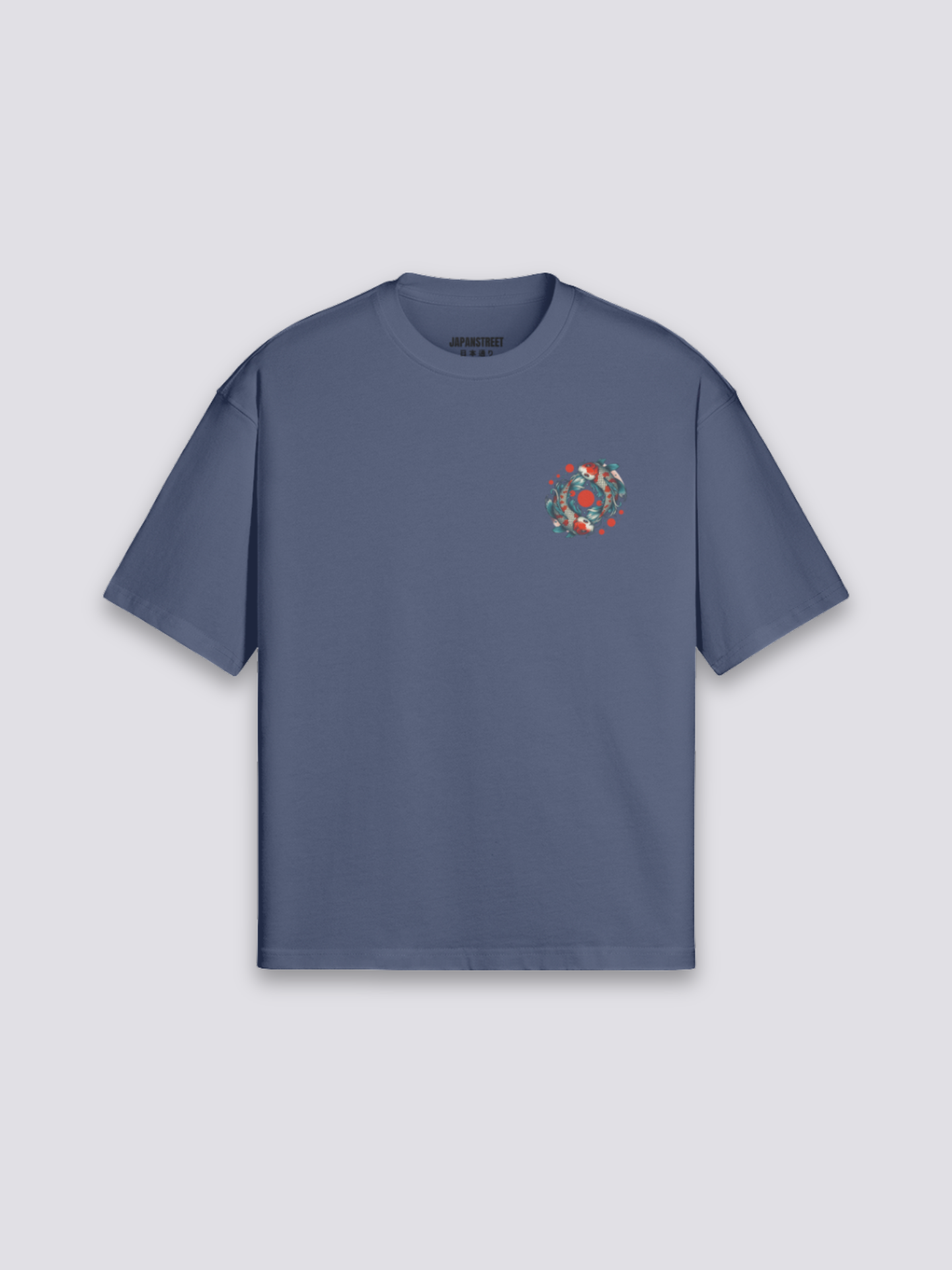 Koi-Karpfen-T-Shirt mit Karpfen unter roter Sonne, Tokyo-Schriftzug, oversize Baumwolle, Vorderansicht Farbvariante