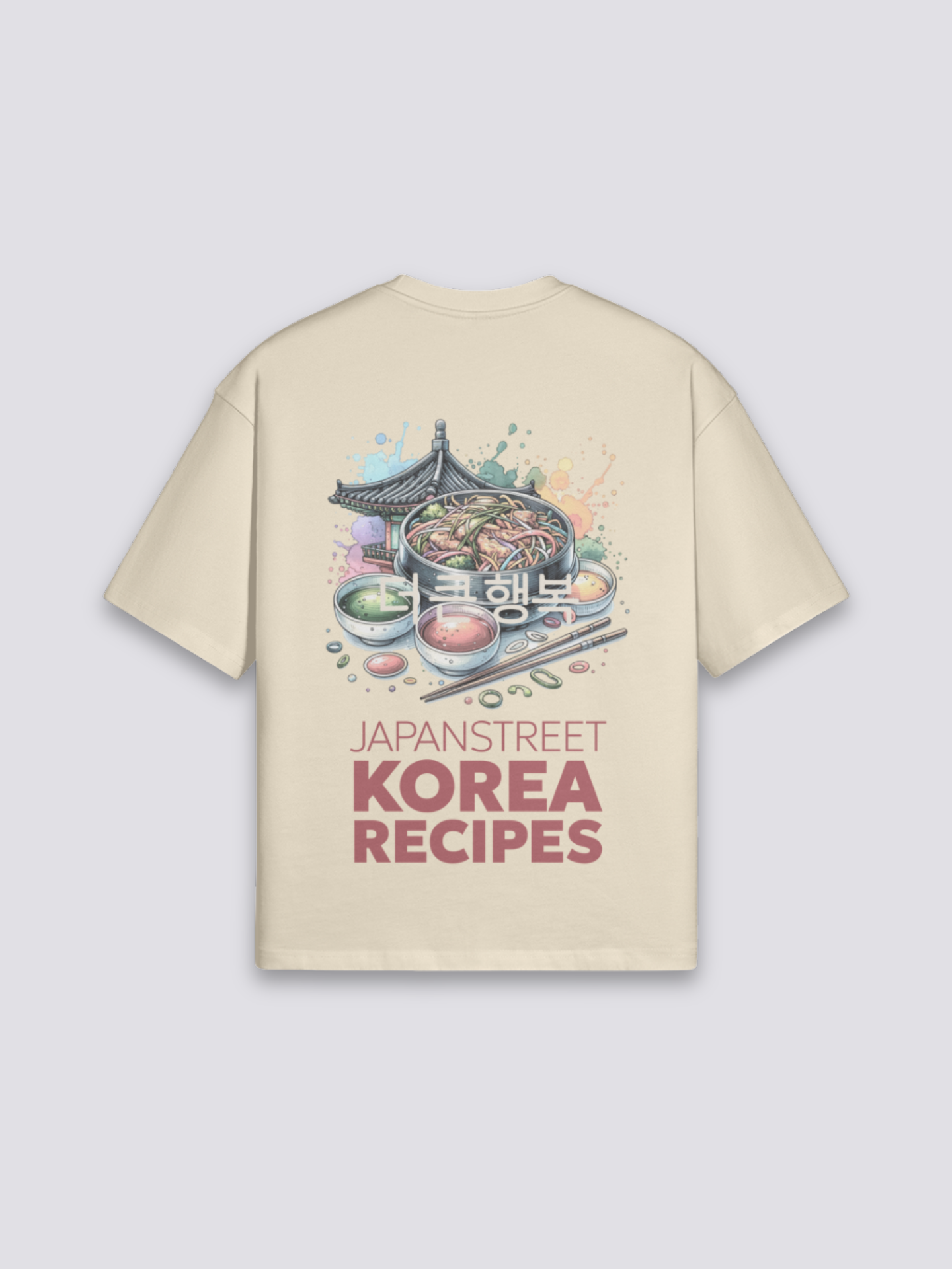 koreanisches T-Shirt mit Korea-Recipes und Pagode, gastronomischer Druck, oversize Baumwolle beige, Rückenansicht mit Rückendruck