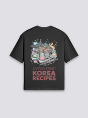 koreanisches T-Shirt mit Korea-Recipes und Pagode, gastronomischer Druck, oversize Baumwolle beige, Detailansicht des Motivs