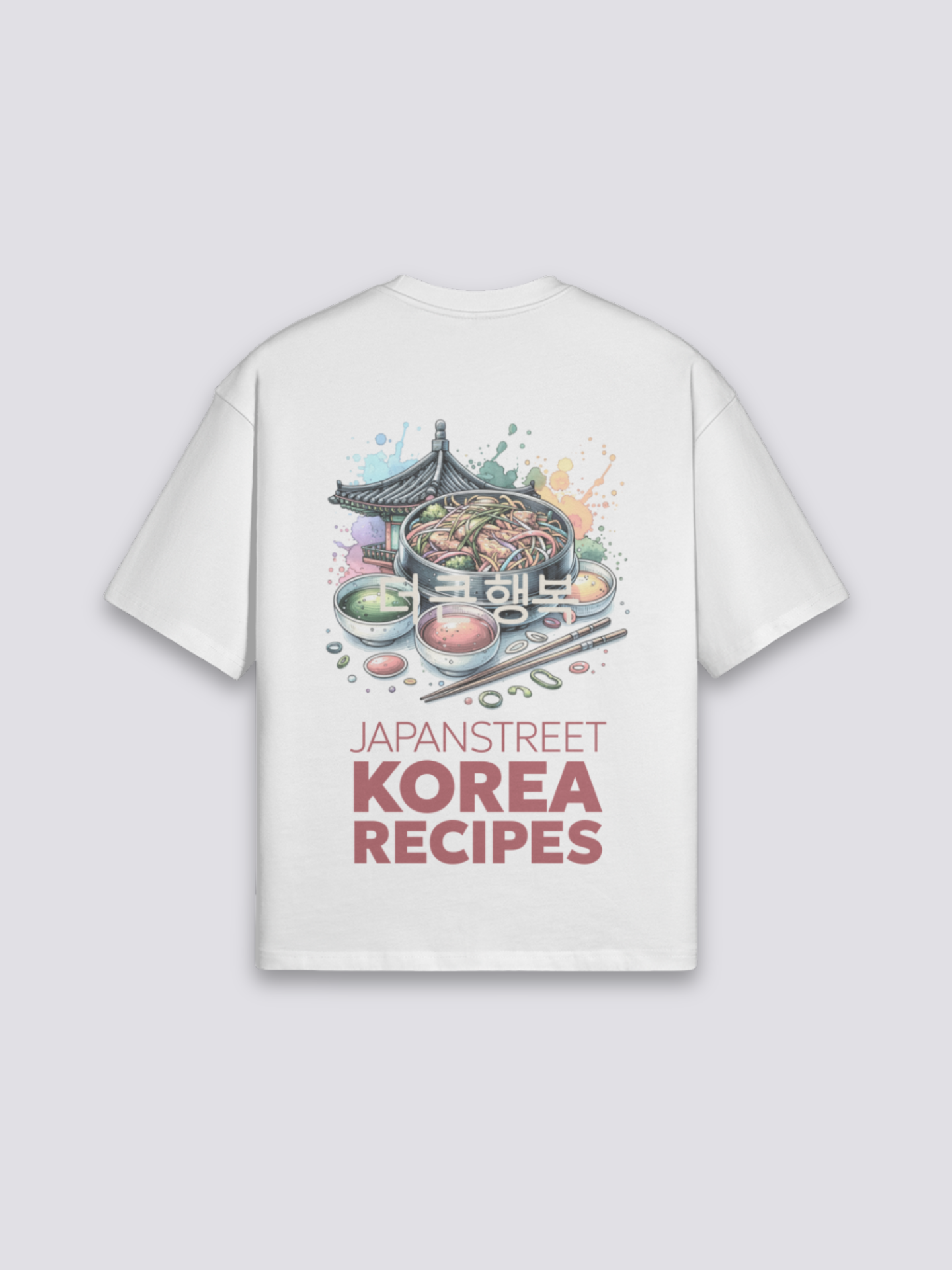 koreanisches T-Shirt mit Korea-Recipes und Pagode, gastronomischer Druck, oversize Baumwolle beige, seitliche Ansicht