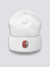 Lachs-Reis-Beanie – Beanie, zwei gestickte Kawaii-Sushi in Umarmung, Detailaufnahme der Stickerei