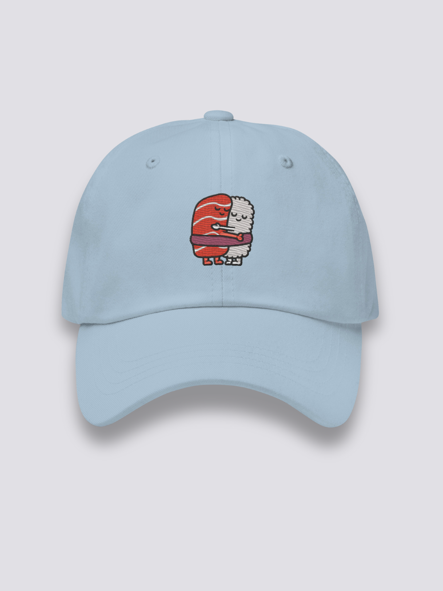 Lachs-Reis-Cap – japanische Cap, zwei gestickte Kawaii-Sushi in Umarmung, Vorderansicht
