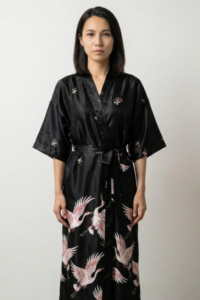 Langer japanischer Kimono-Schlafanzug Schwarz