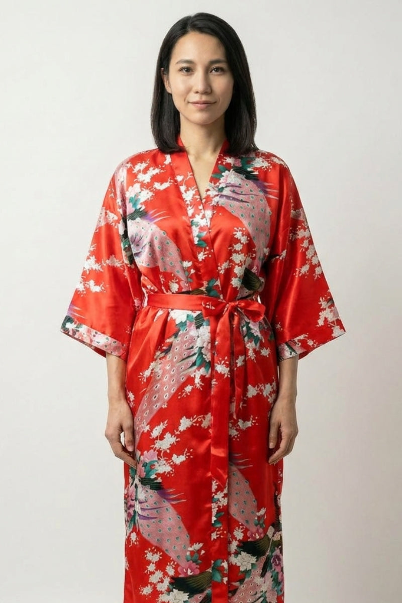 Langer japanischer Schlafanzug Kimono Rot – japanischer Pyjama, langer Nacht-Kimono in Rot mit Kranich-Druck, Vorderansicht