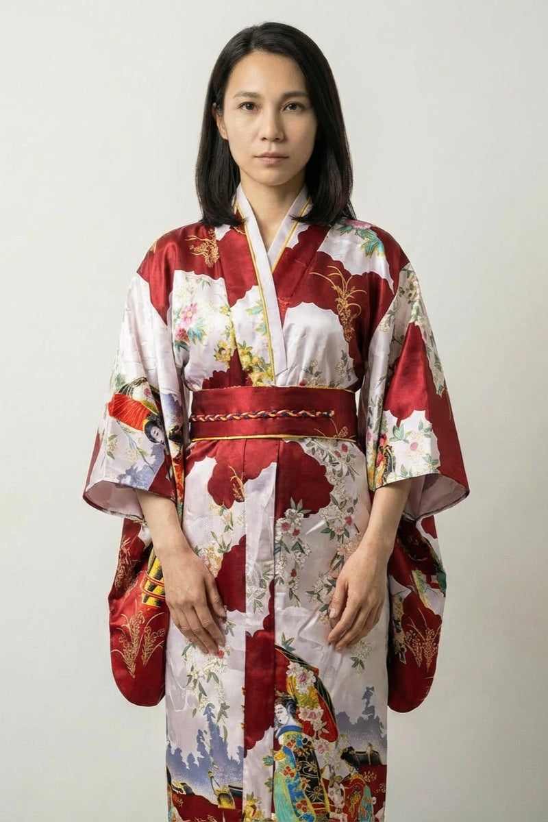Langer Roter Japanischer Kimono 'Akihana' – japanischer Damen-Kimono mit Obi, Ukiyo-e, Geishas und Sakura, Vorderansicht