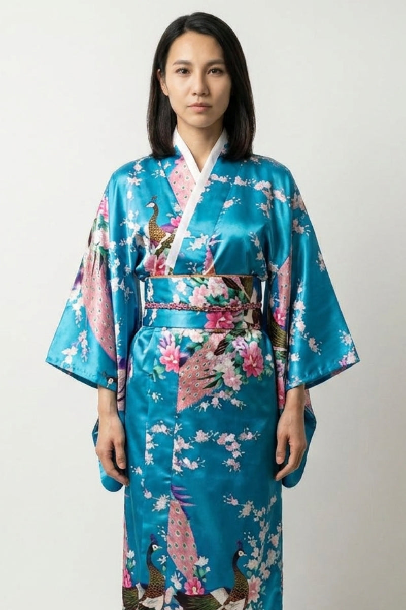 Langer Türkiser Pfauen-Kimono 'Mizuha' – japanischer Damen-Kimono mit Obi, Pfau, Pfingstrosen und Sakura, Vorderansicht