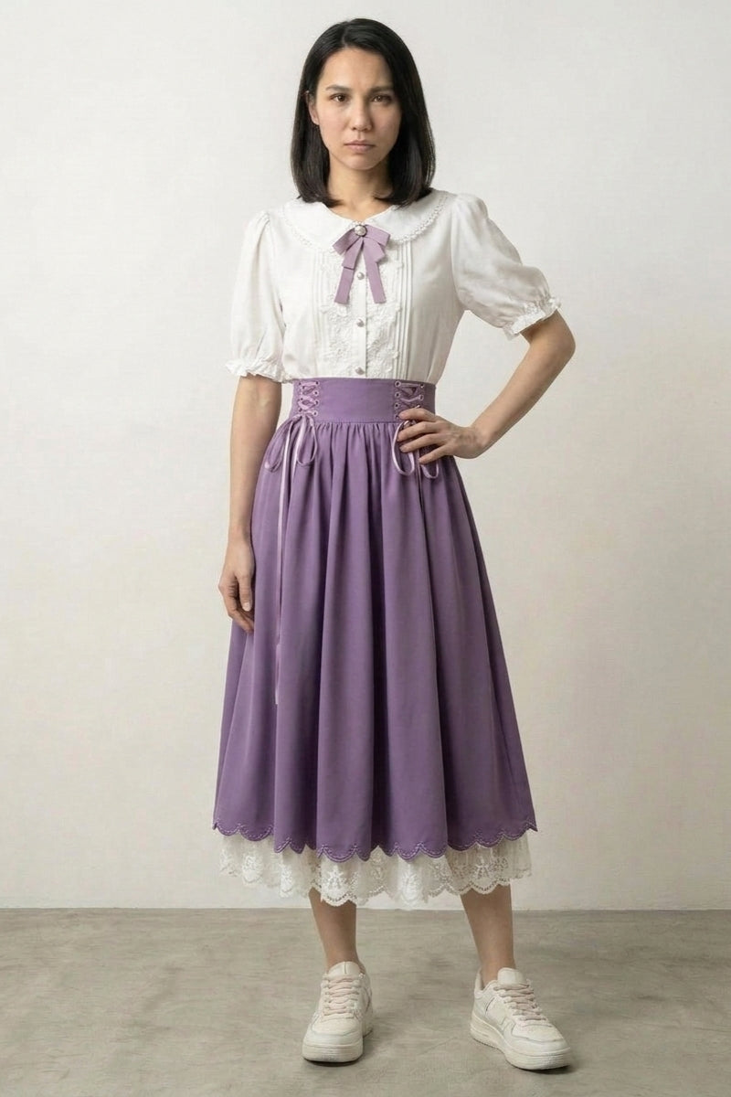 Lavendel Japanisches Kleid-Set 'Sumireha' – japanisches Damenkleid, Taishō-Set, Bubikragen und Lavendel-Korsettrock, Vorderansicht