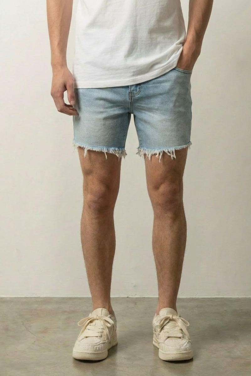 Leicht gewaschene Denim-Shorts – Denim-Shorts Herren japanischer Streetwear, Vorderansicht