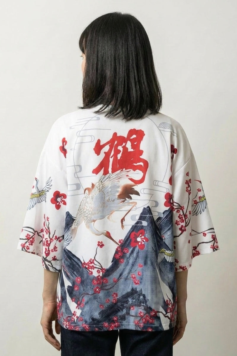 Leichte Kimono-Jacke 'Edo', Detailaufnahme Druckmotiv – Damen Kimono-Jacke japanischer Haori mit Pflaumenblüten-Druck