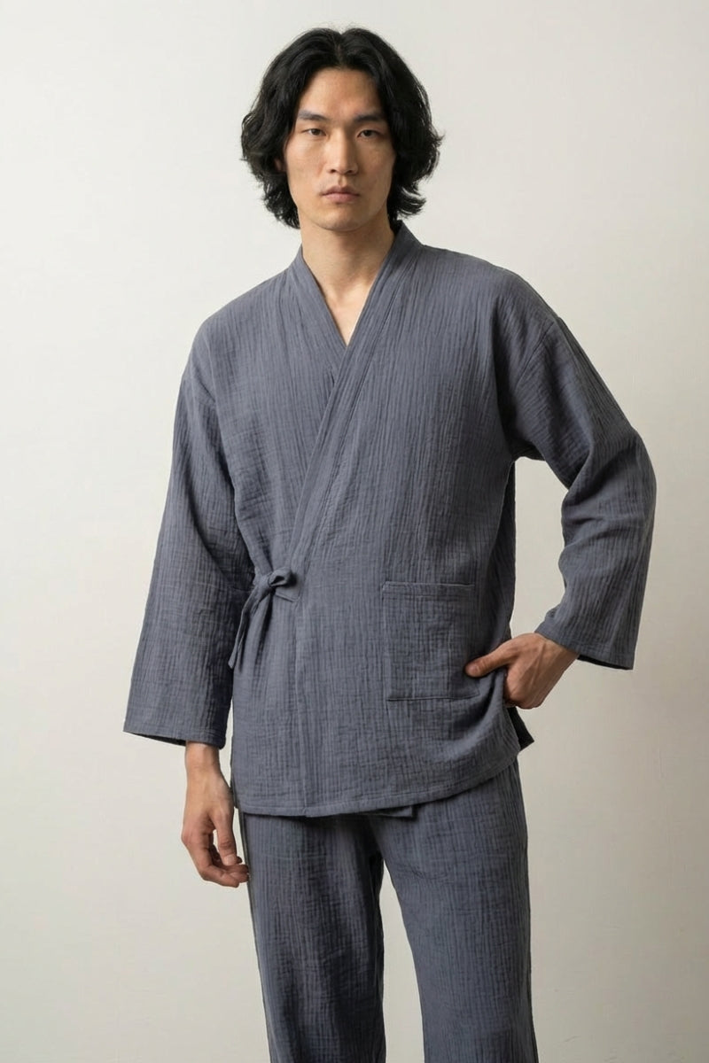 Leichter japanischer Pyjama 'Aokiha', blaugrüne atmungsaktive Baumwollgaze, Jinbei-Sommerset