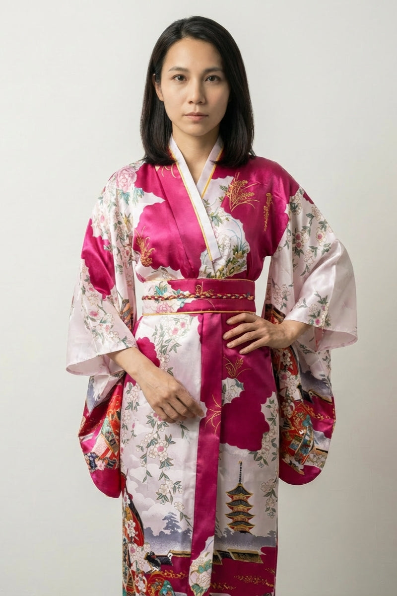 Magenta Kimono-Kleid 'Tomoka' – japanischer Damen-Kimono mit Obi, Ukiyo-e, Pagoden und Sakura, Vorderansicht