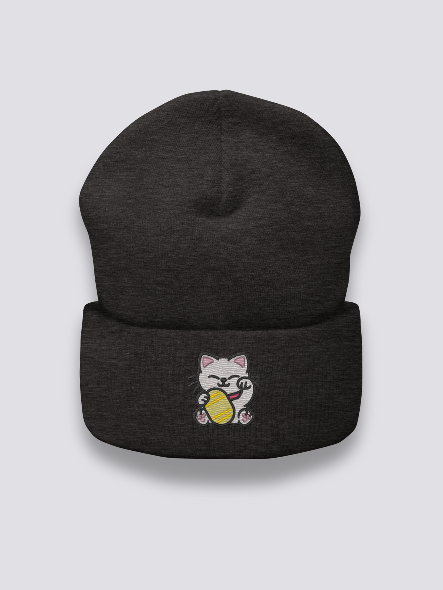 Maneki Neko Beanie – Beanie, gestickte glückbringende Maneki-Neko-Katze, Rückansicht