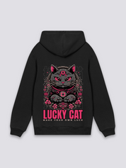 Maneki-Neko-Hoodie in Schwarz, oversize Kapuzenpullover mit Glückskatze