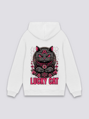 Maneki-Neko-Hoodie in Weiß, japanischer Streetwear-Hoodie mit Glückskatze
