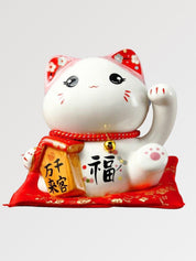 Maneki Neko Spardose Gesundheit – japanische Maneki-neko Glückskatze, Glückskatze mit kalligrafiertem Schild, rot, Gesamtansicht