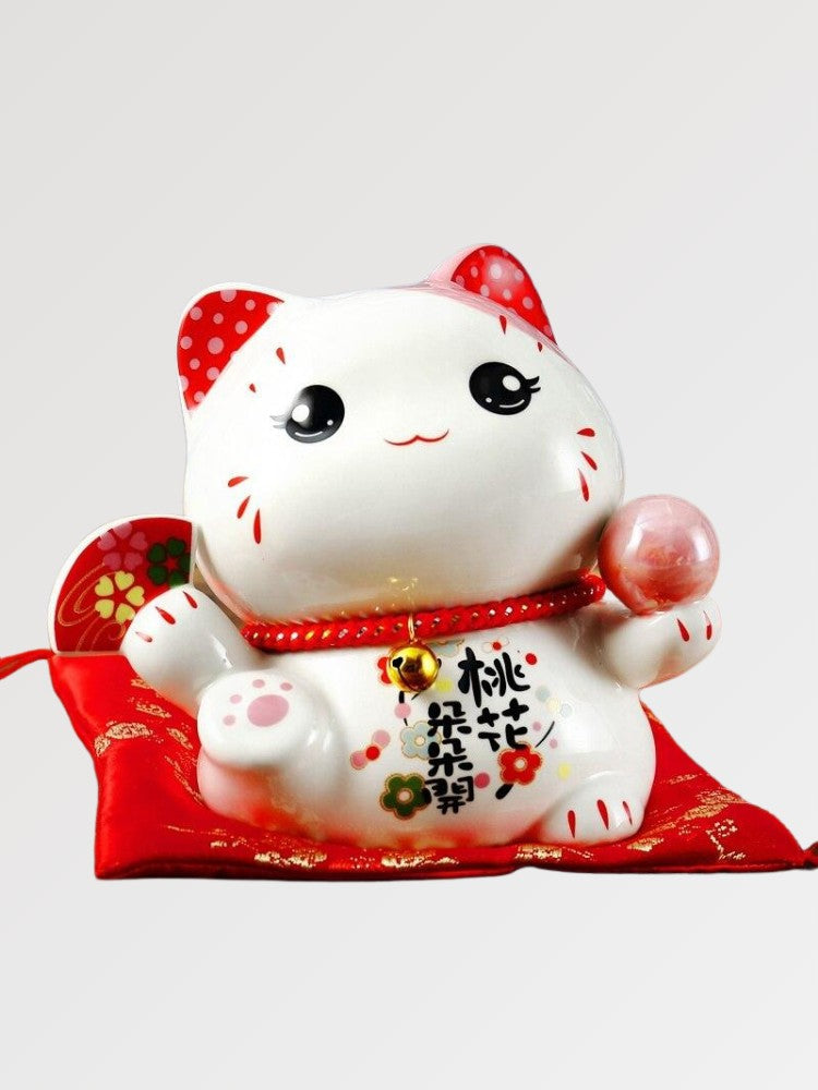 Maneki Neko Spardose Liebe – japanische Maneki-neko Glückskatze, Glückskatze mit rosa Perle und Sakura, Gesamtansicht