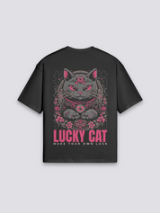 Maneki Neko T-Shirt mit Lucky-Cat-Glückskatze, japanischer Wohlstands-Druck, oversize Baumwolle, Rückenansicht mit Rückendruck