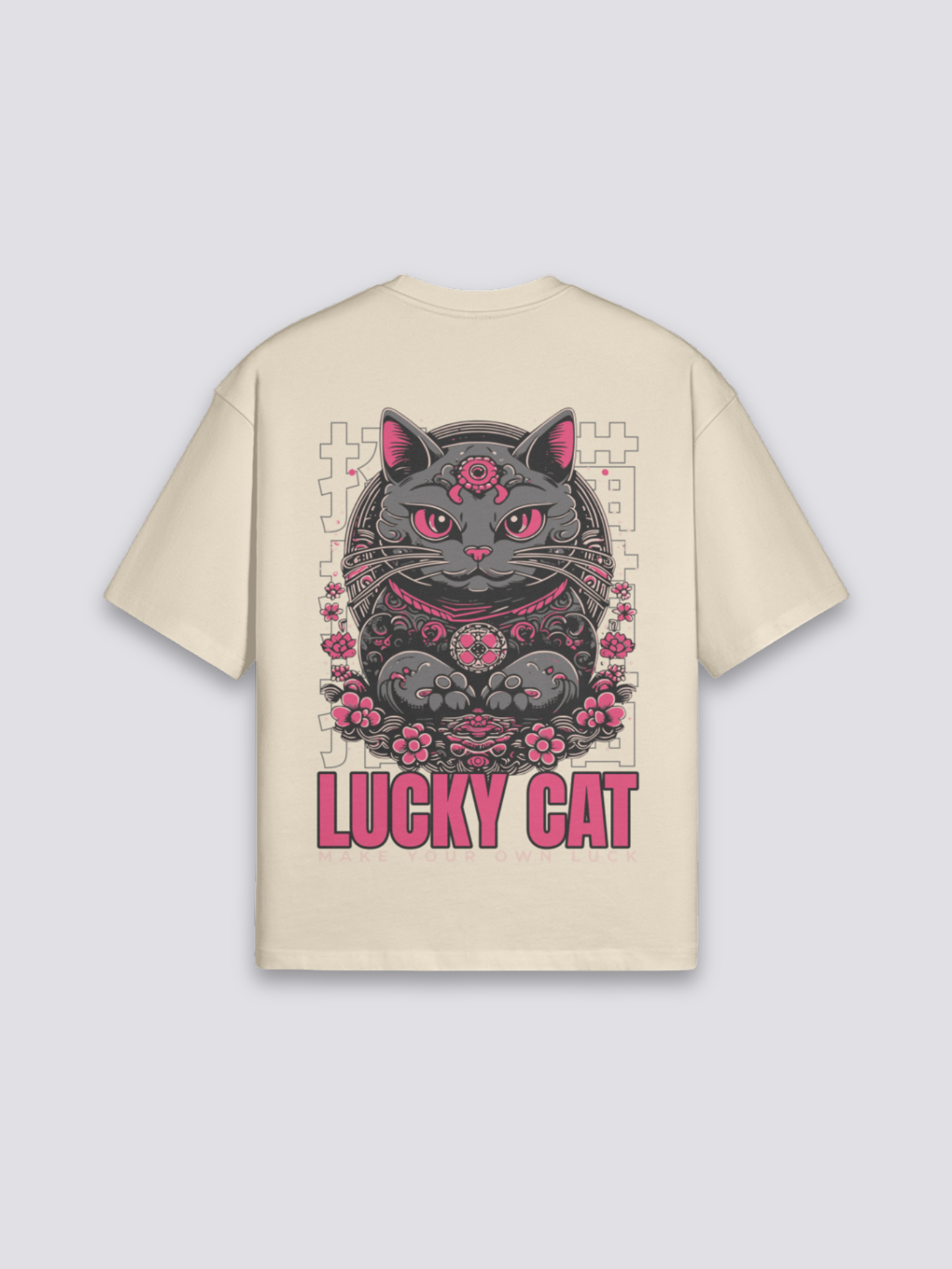 Maneki Neko T-Shirt mit Lucky-Cat-Glückskatze, japanischer Wohlstands-Druck, oversize Baumwolle, seitliche Ansicht
