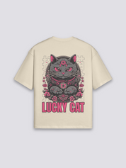 Maneki Neko T-Shirt mit Lucky-Cat-Glückskatze, japanischer Wohlstands-Druck, oversize Baumwolle, seitliche Ansicht